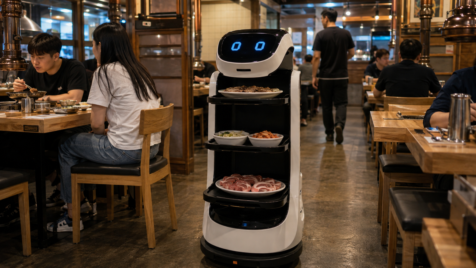 Serving robot carrying food through a restaurant in South Korea