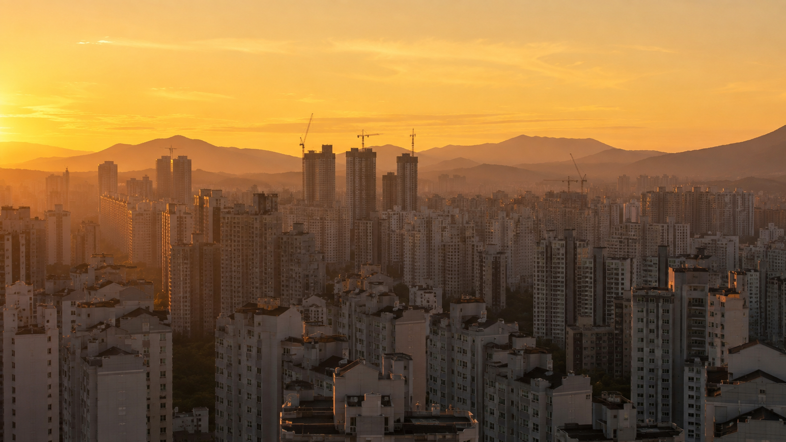 Apartment buildings in Korea at sunset
