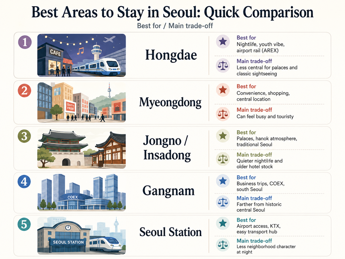 Comparison of Hongdae, Myeongdong, Jongno, Gangnam and Seoul Station for first-time visitors to Seoul.