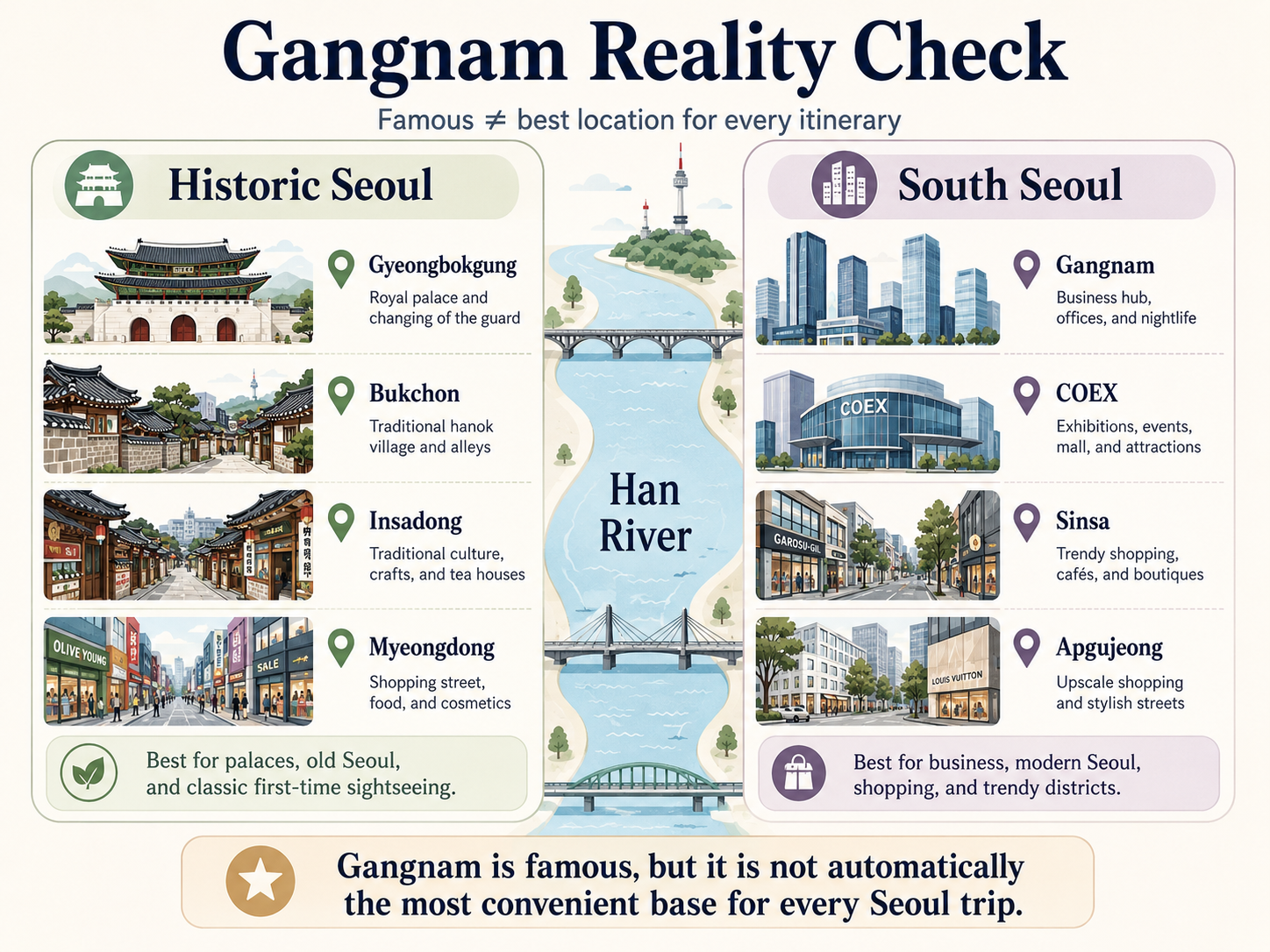 Infographic comparing Gangnam with historic central Seoul to show how accommodation location affects travel time.