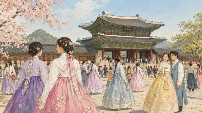 Visitors wearing colorful hanbok at Gyeongbokgung Palace in Seoul