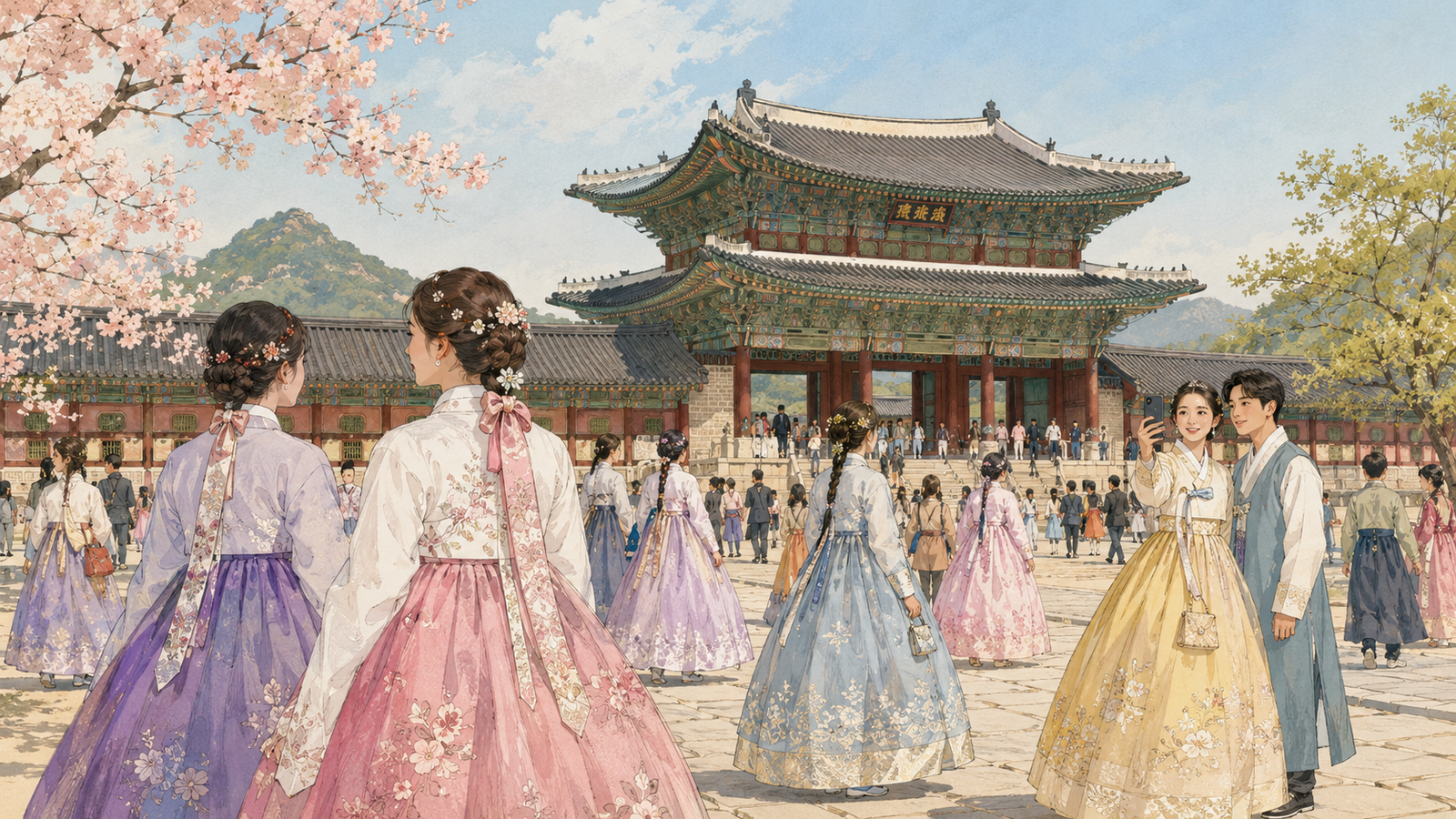 Visitors wearing colorful hanbok at Gyeongbokgung Palace in Seoul
