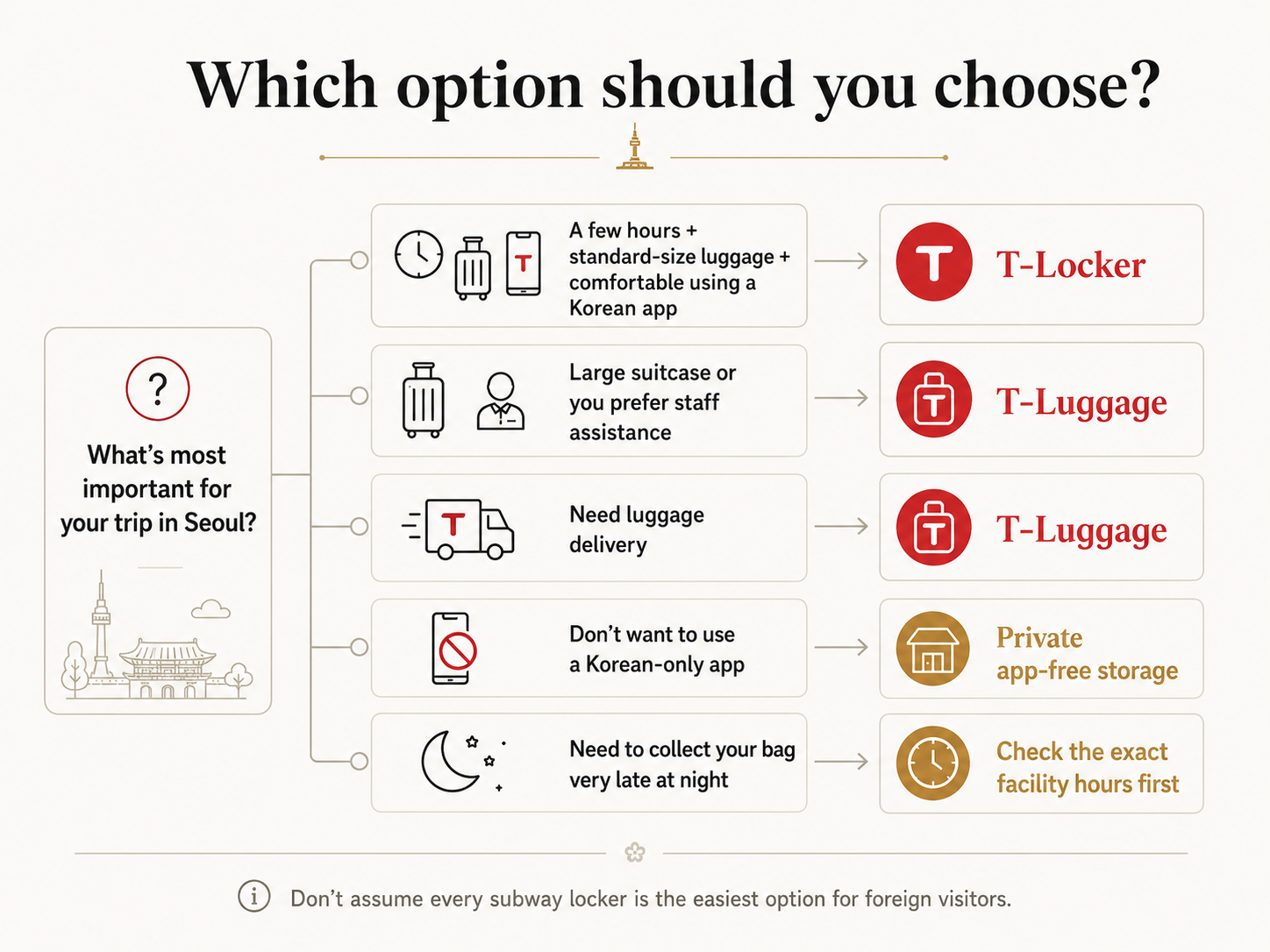 Decision guide showing how to choose the best luggage storage option in Seoul based on bag size and travel needs.