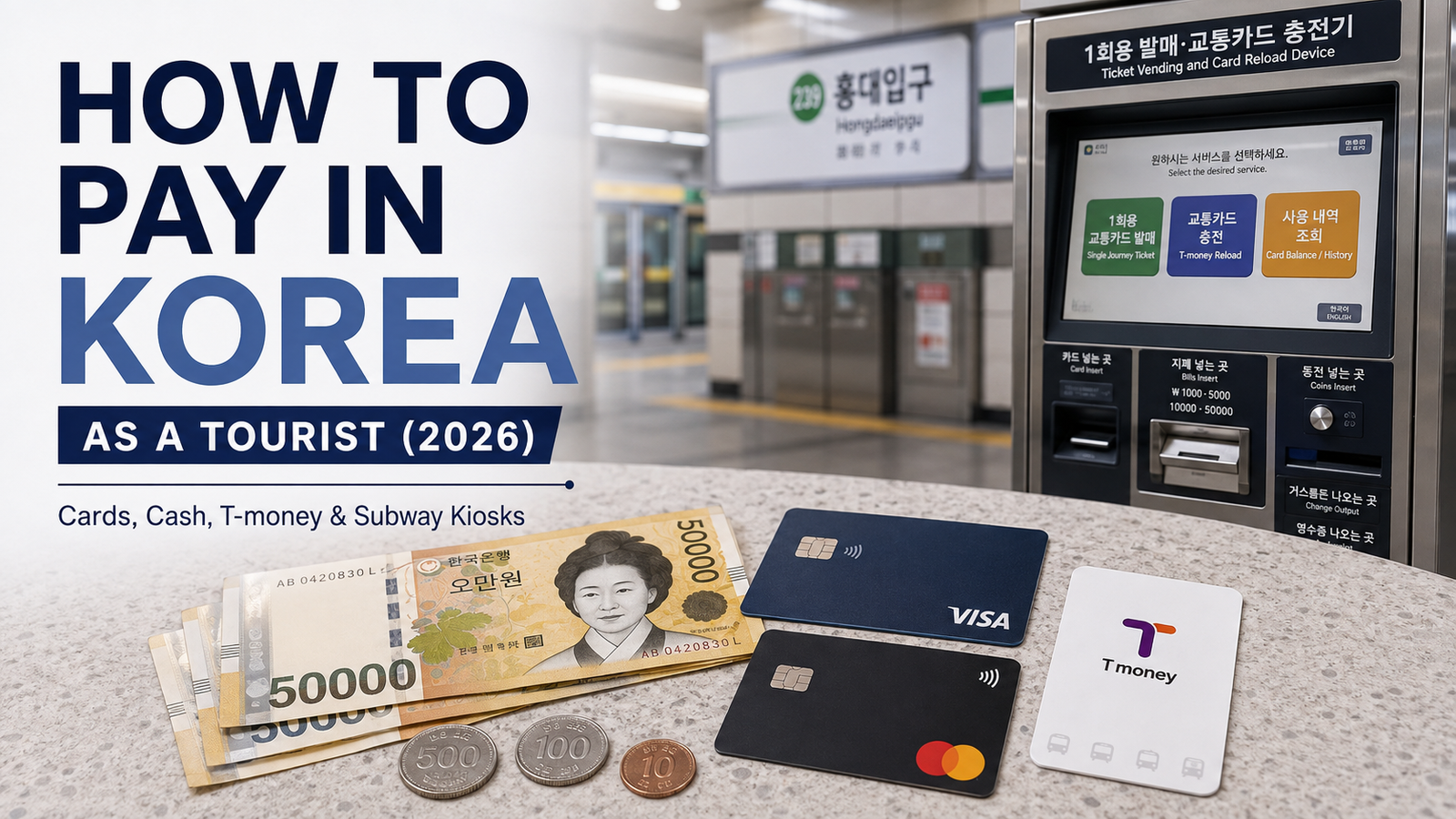 How to pay in Korea as a tourist in 2026 with cards, cash, T-money, and a Seoul subway kiosk
