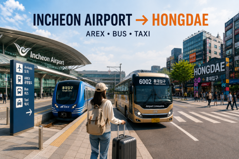 Incheon Airport to Hongdae transportation options including AREX, airport bus and taxi