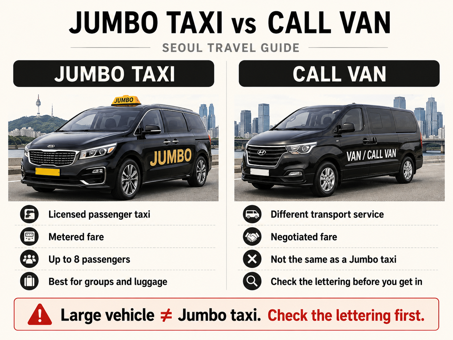 Jumbo taxi vs Call Van comparison in Seoul showing vehicle markings and fare differences