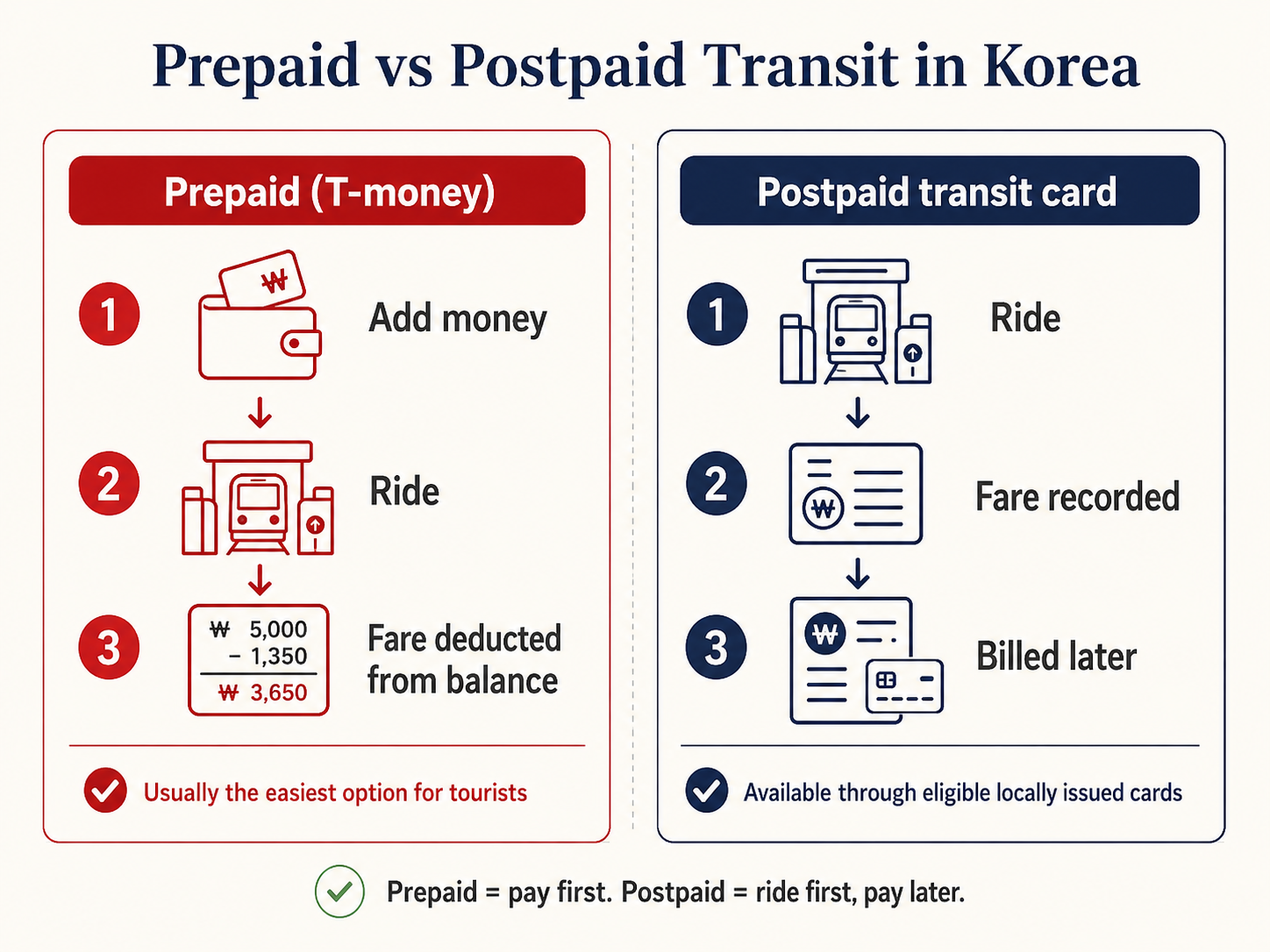 Prepaid T-money versus postpaid transit card payment flow in Korea