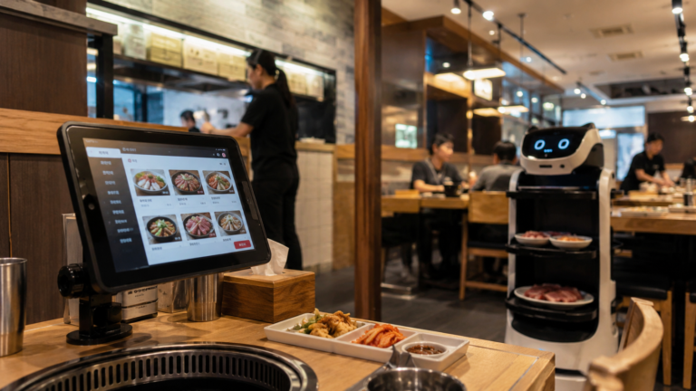 Table-order tablet and serving robot inside a restaurant in South Korea