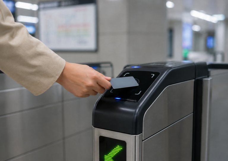 Tapping a transit card at a Seoul subway gate
