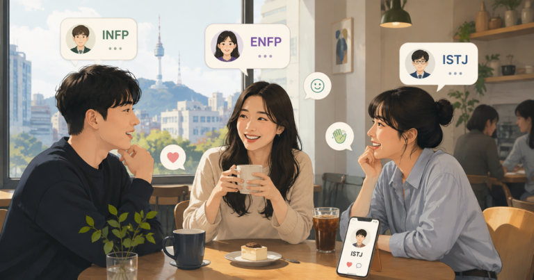 Young Koreans discussing MBTI types in a Seoul cafe