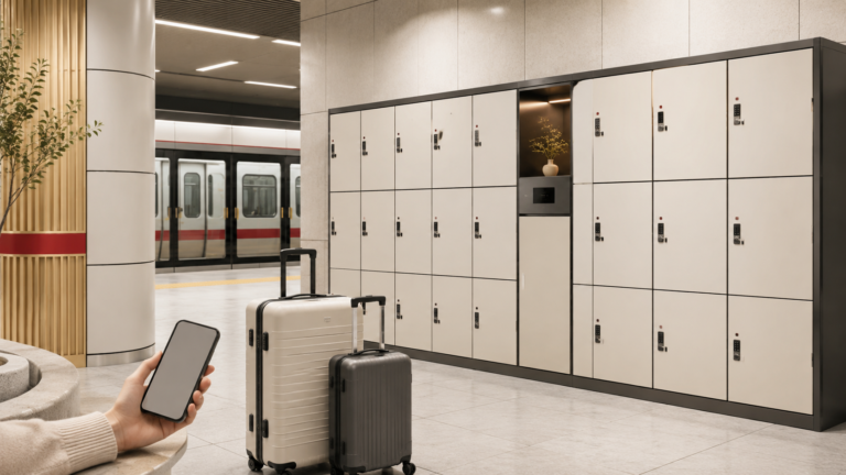 Luggage lockers inside a Seoul subway station with two suitcases and a smartphone for luggage storage.