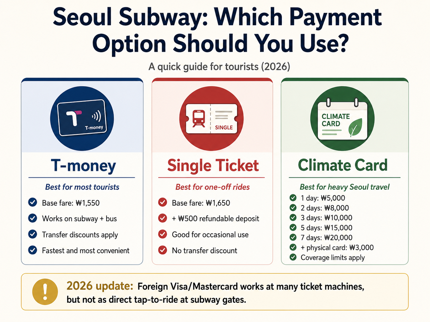 Comparison of T-money, single-journey tickets and Climate Card for Seoul subway tourists