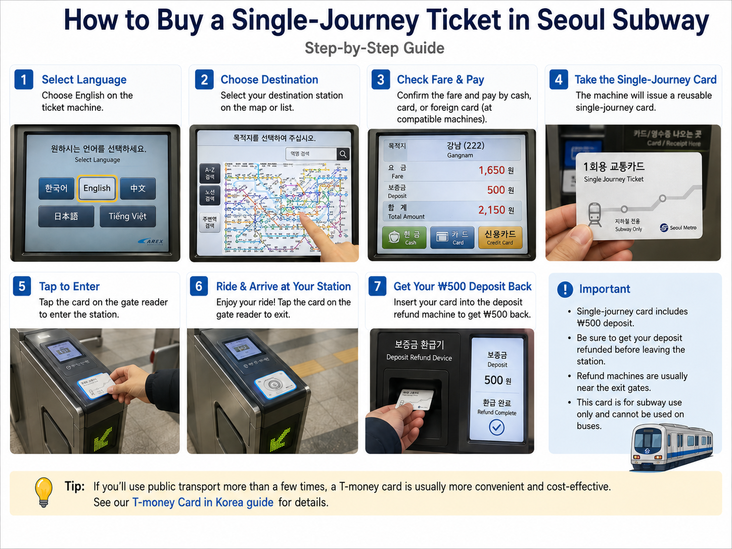 Step-by-step guide to buying and using a single-journey ticket on the Seoul subway