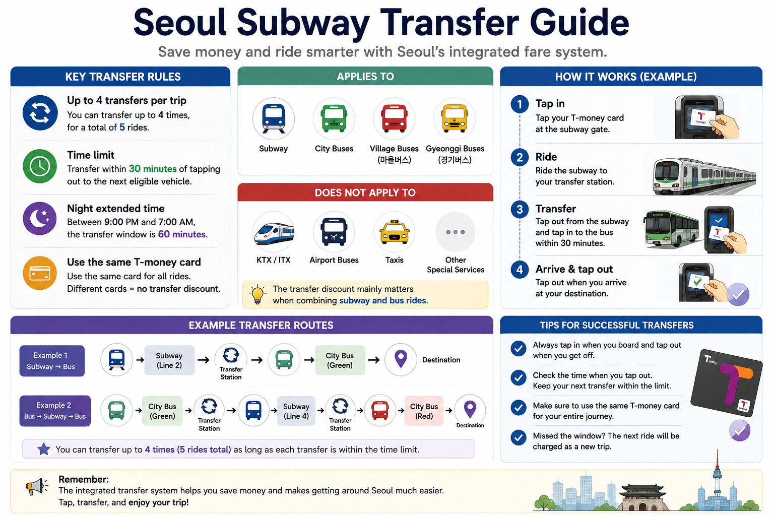 Seoul subway transfer guide showing four transfers, five total rides and transfer time limits