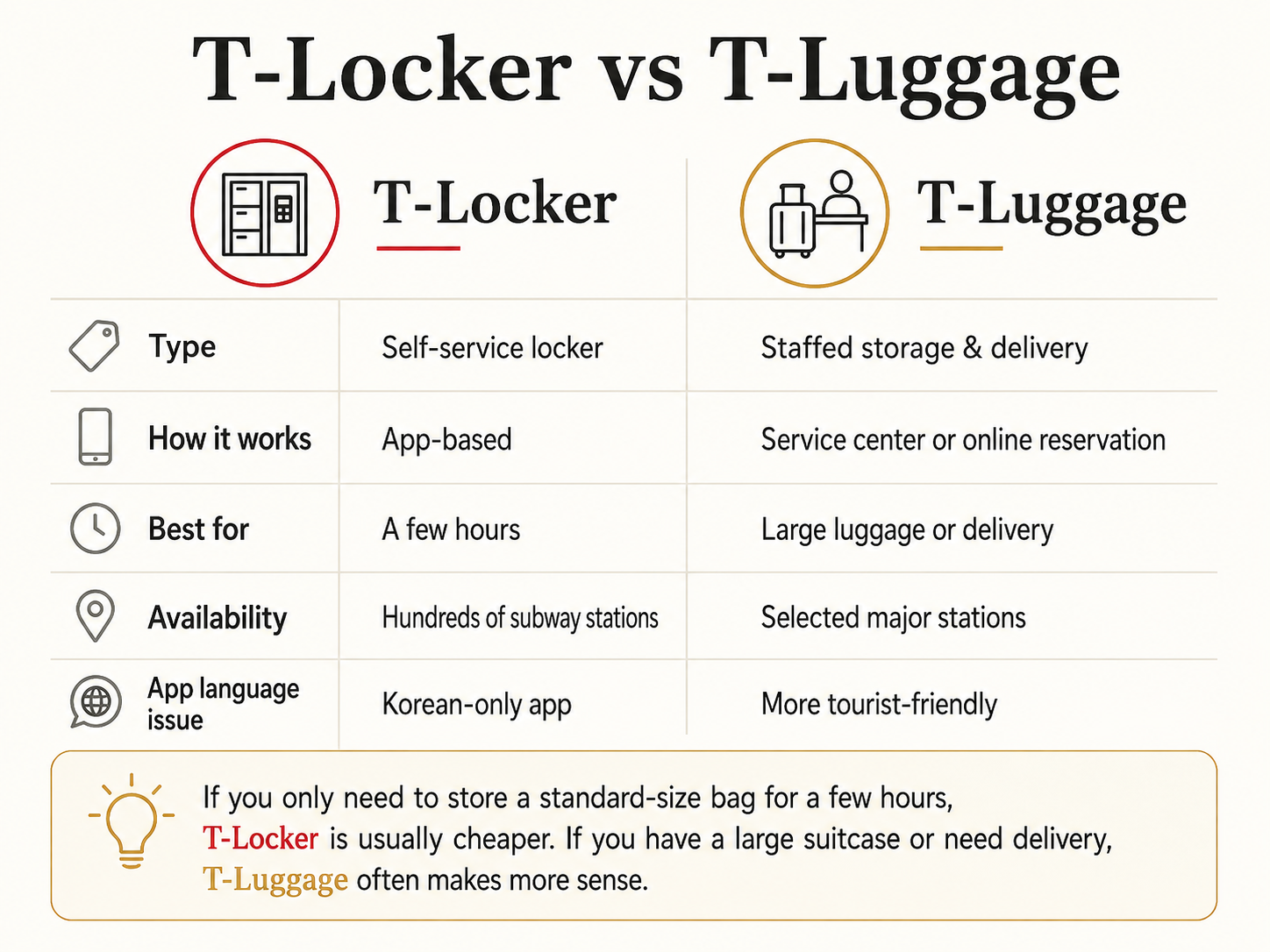 Comparison chart showing the differences between T-Locker and T-Luggage in Seoul.