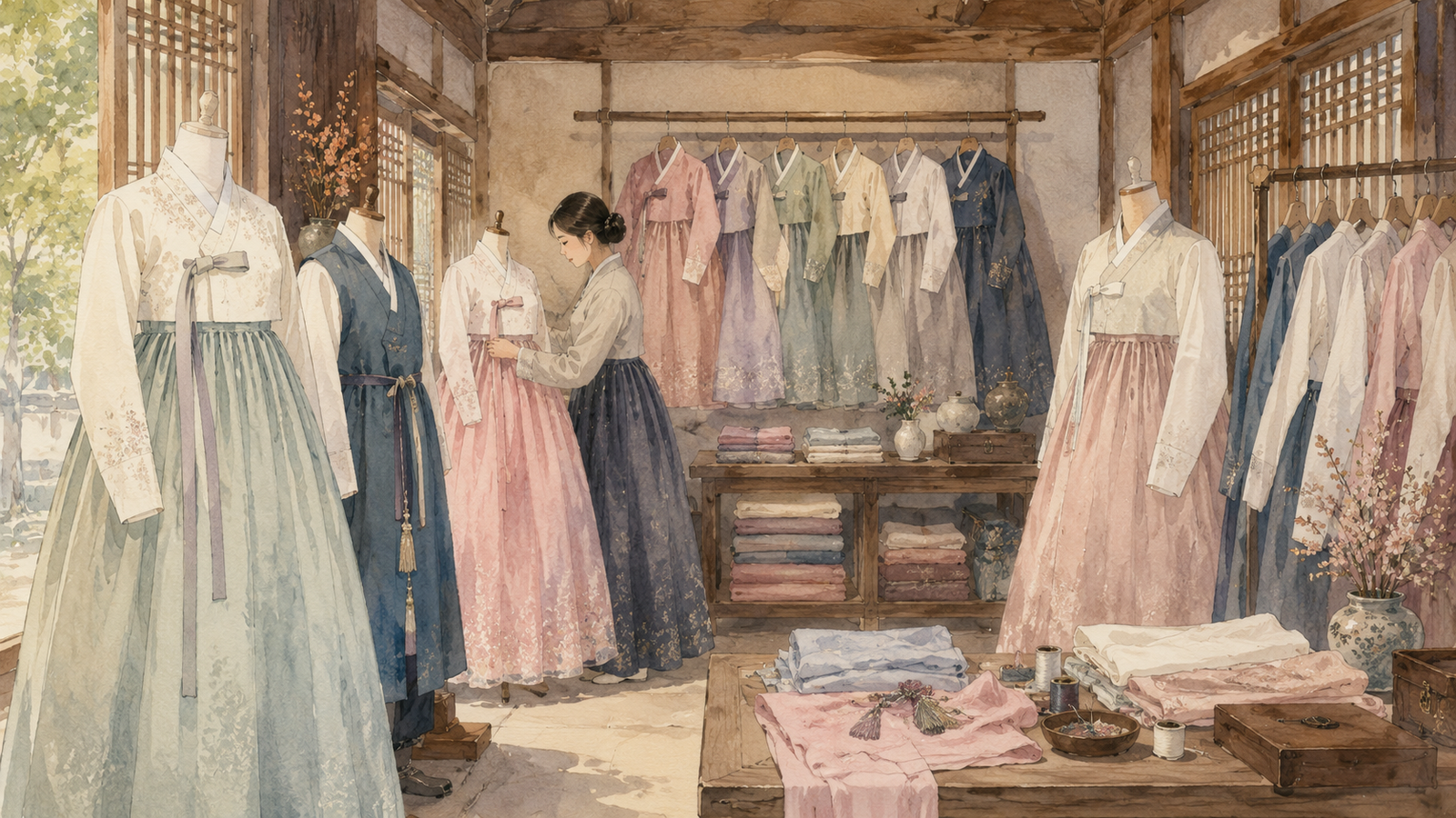 Traditional hanbok displayed in a Korean hanbok workshop