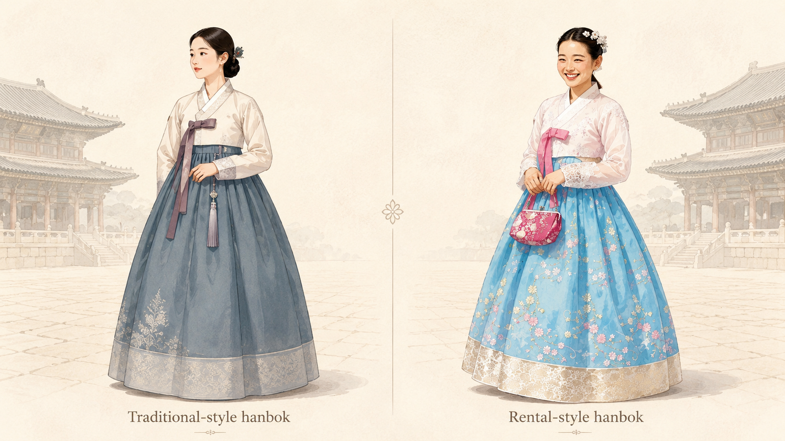 Illustrated comparison of Gyeongbokgung hanbok rentals with traditional-style hanbok