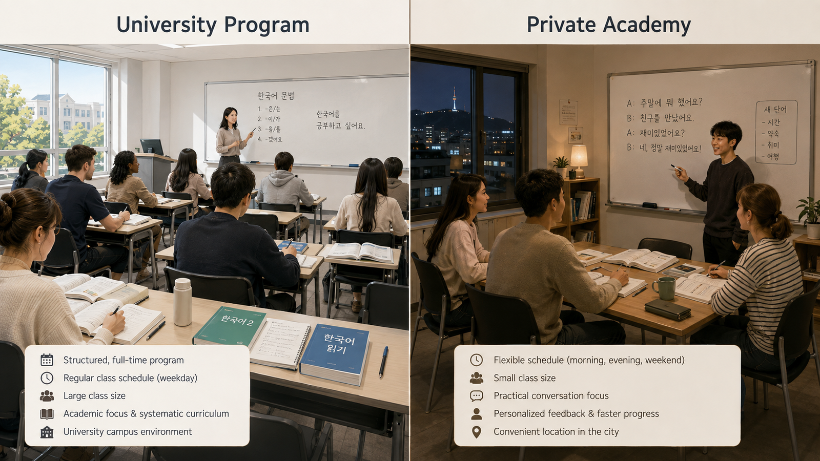 University Korean language program compared with a private Korean academy