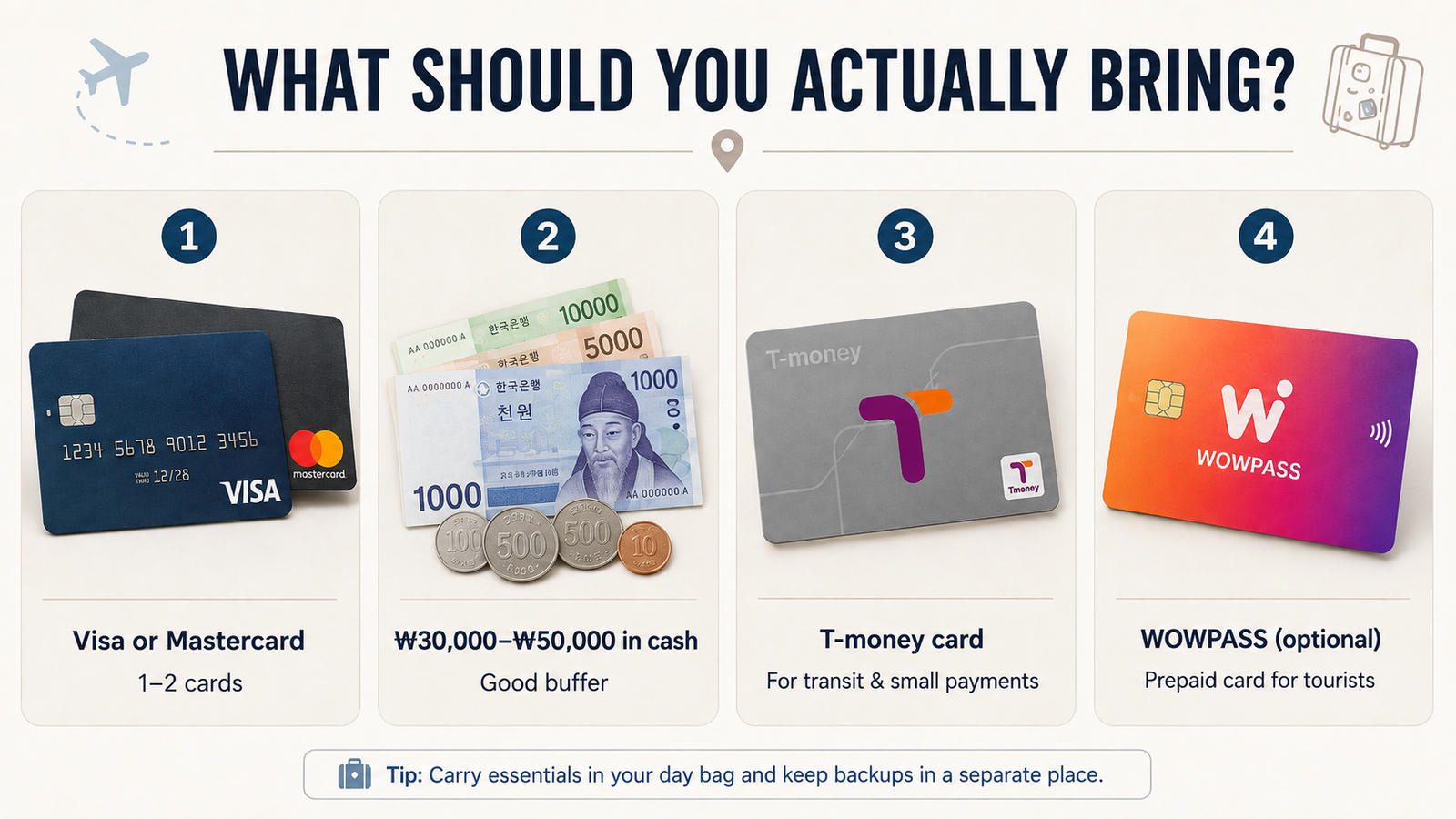 What tourists should bring for payments in Korea: cards, cash, T-money, and optional WOWPASS