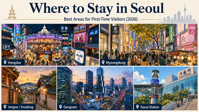 Where to stay in Seoul guide showing Hongdae, Myeongdong, Jongno, Gangnam and Seoul Station.