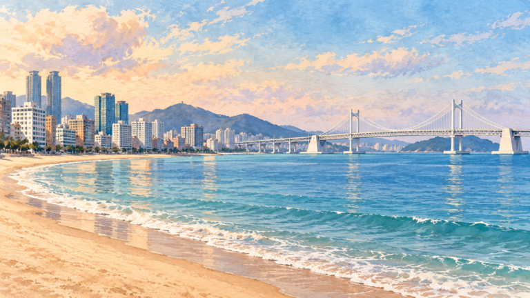 Watercolor-style illustration of Gwangalli Beach and Gwangan Bridge in Busan