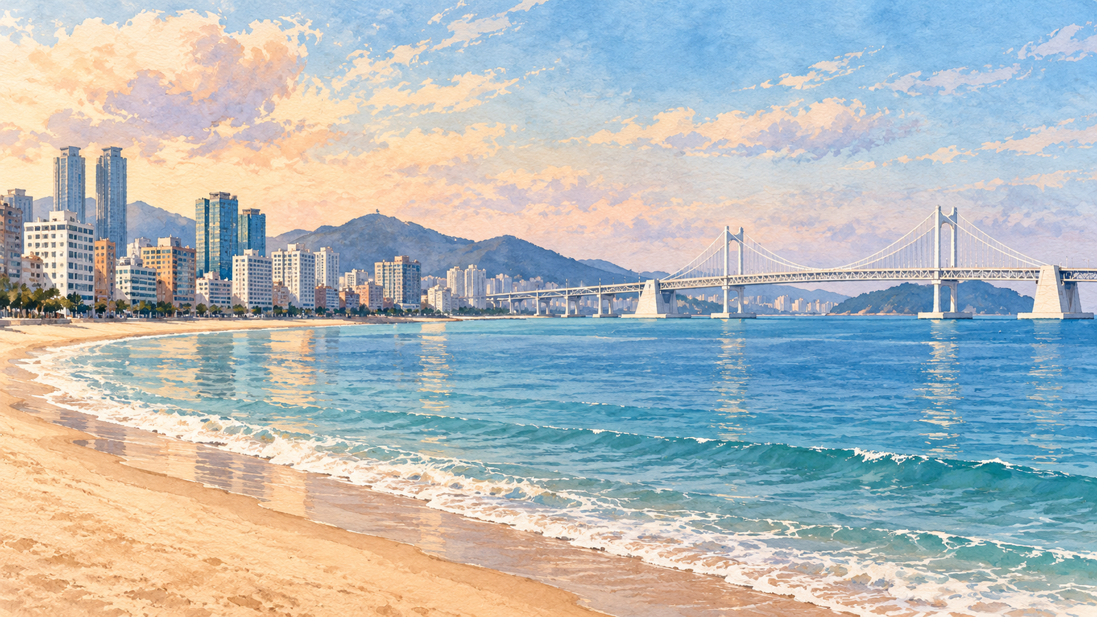Watercolor-style illustration of Gwangalli Beach and Gwangan Bridge in Busan