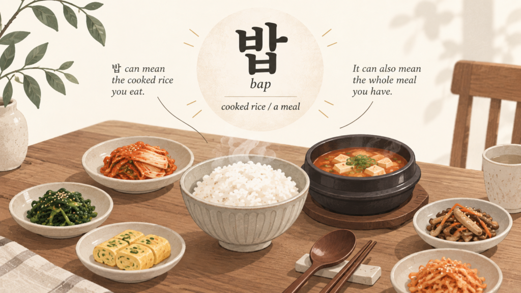 Traditional Korean meal with rice, soup and side dishes explaining the meaning of 밥 (bap)