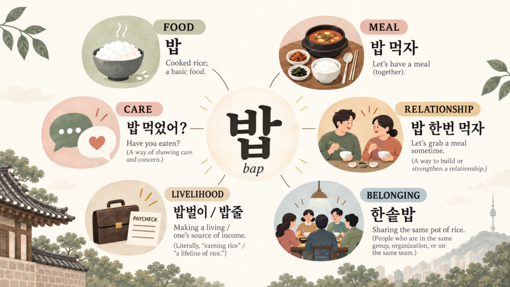 Diagram showing six meanings of 밥 (bap): food, meal, care, relationship, livelihood and belonging