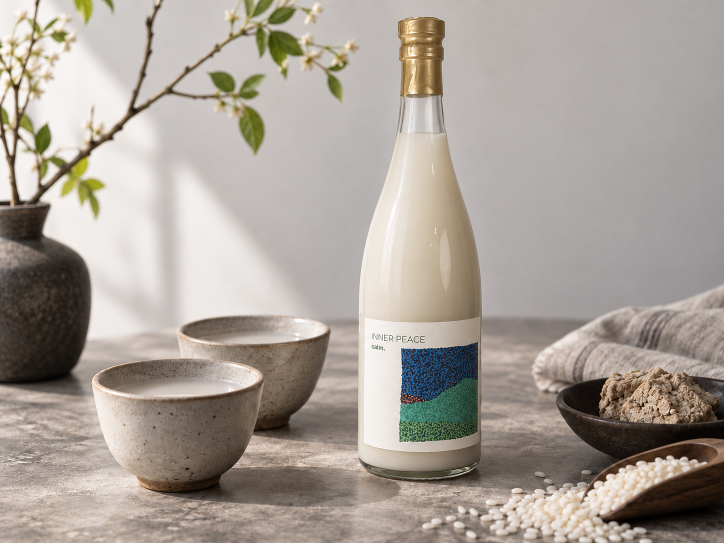 Bewater Brew Inner Peace makgeolli bottle poured into ceramic bowls with rice grains