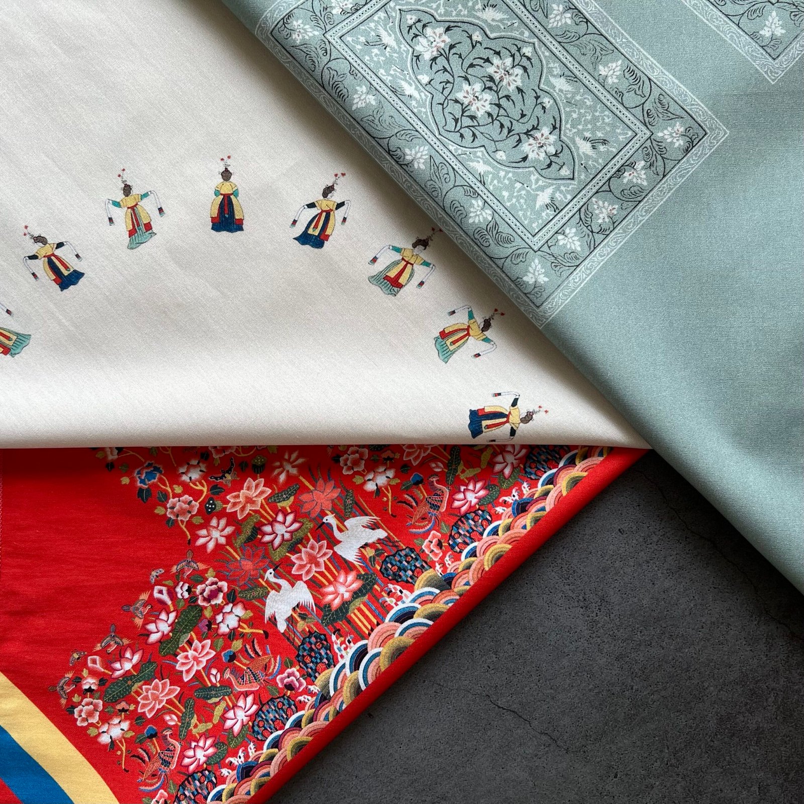 Three bojagi designs from The Bojagi with Seasons showing court lady, floral medallion, and crane and lotus motifs