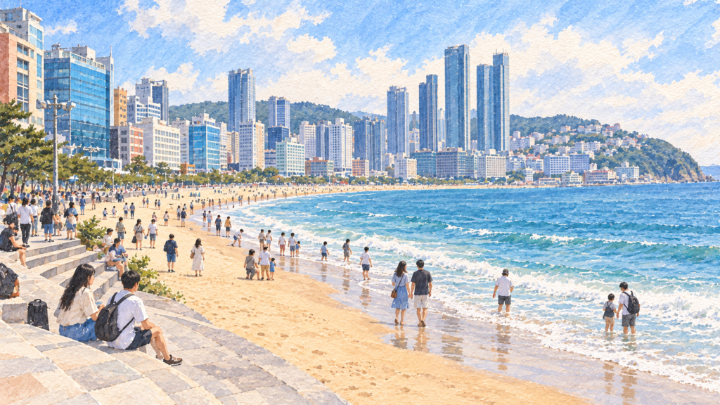 Watercolor illustration based on a photograph of Haeundae Beach in Busan.