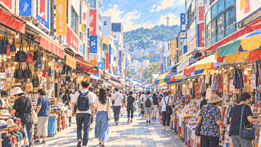 Watercolor illustration based on a photograph of Gukje Market in Busan.