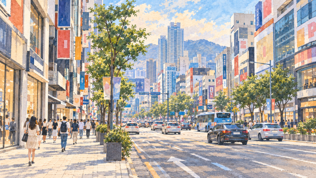 Watercolor illustration based on a photograph of a shopping street in Seomyeon, Busan