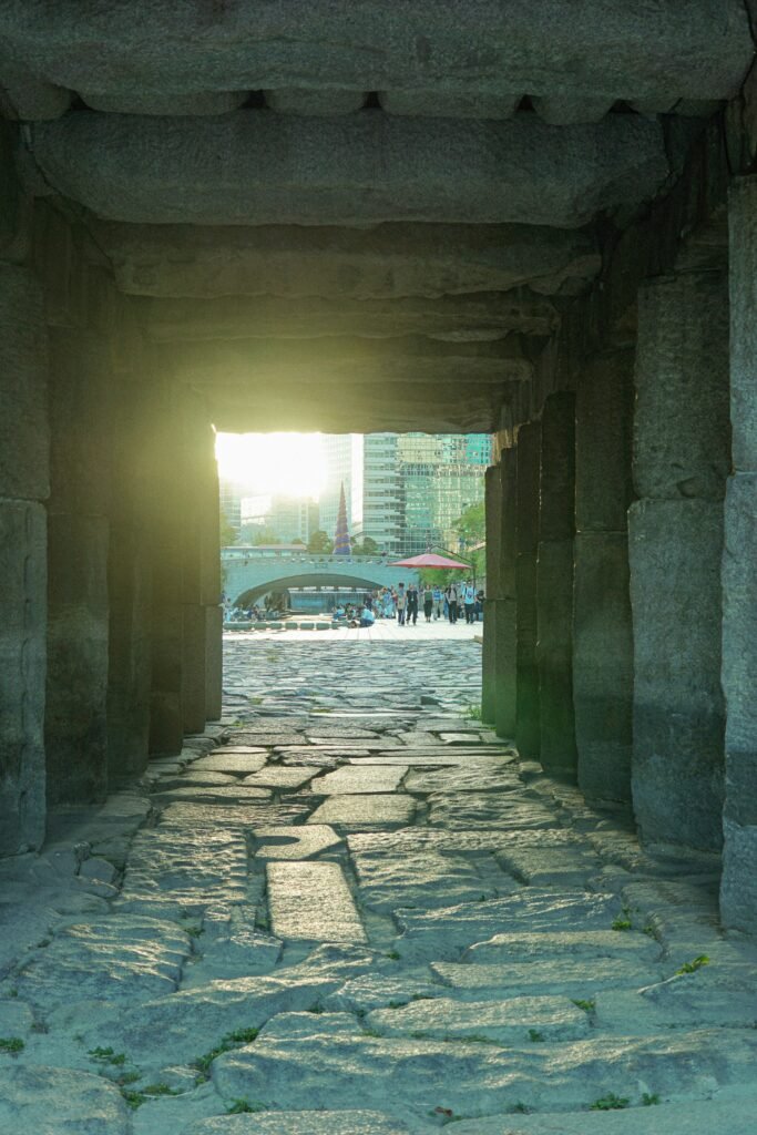 Stone bridge and walkway along Cheonggyecheon Stream in Seoul