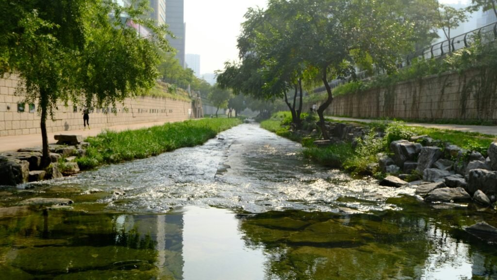 Water flowing through the restored Cheonggyecheon Stream in Seoul