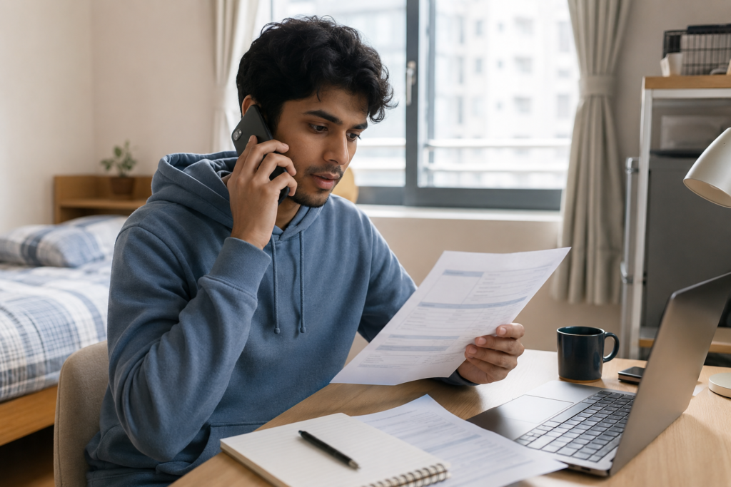 An international student calling NHIS about an insurance bill in Korea