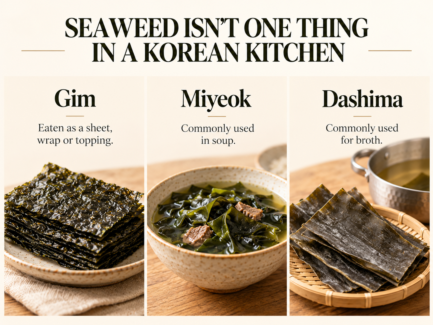 Difference between Korean gim, miyeok and dashima seaweeds