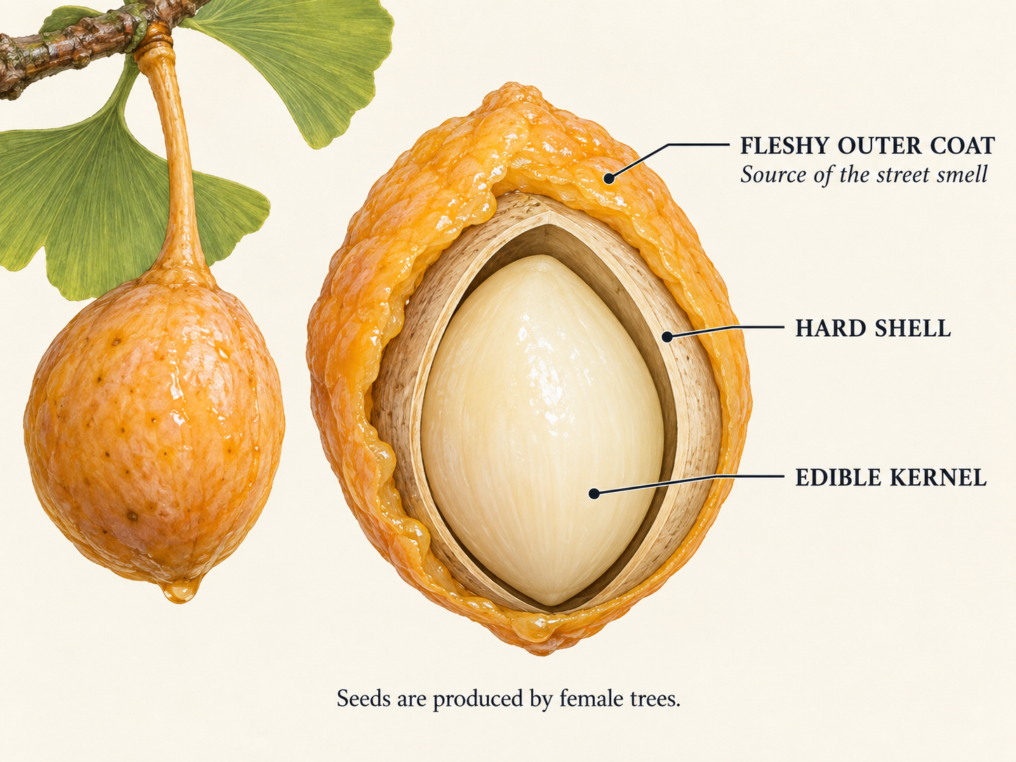 The outer coat, hard shell and edible kernel of a ginkgo seed