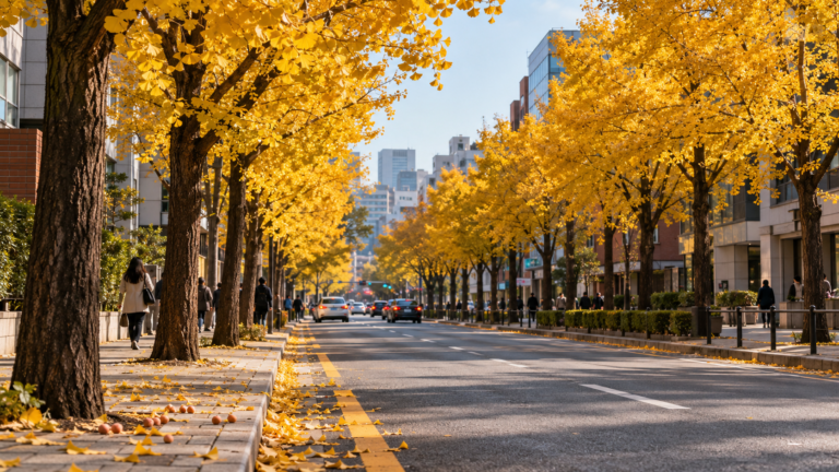 A Seoul street lined with yellow ginkgo trees in autumn