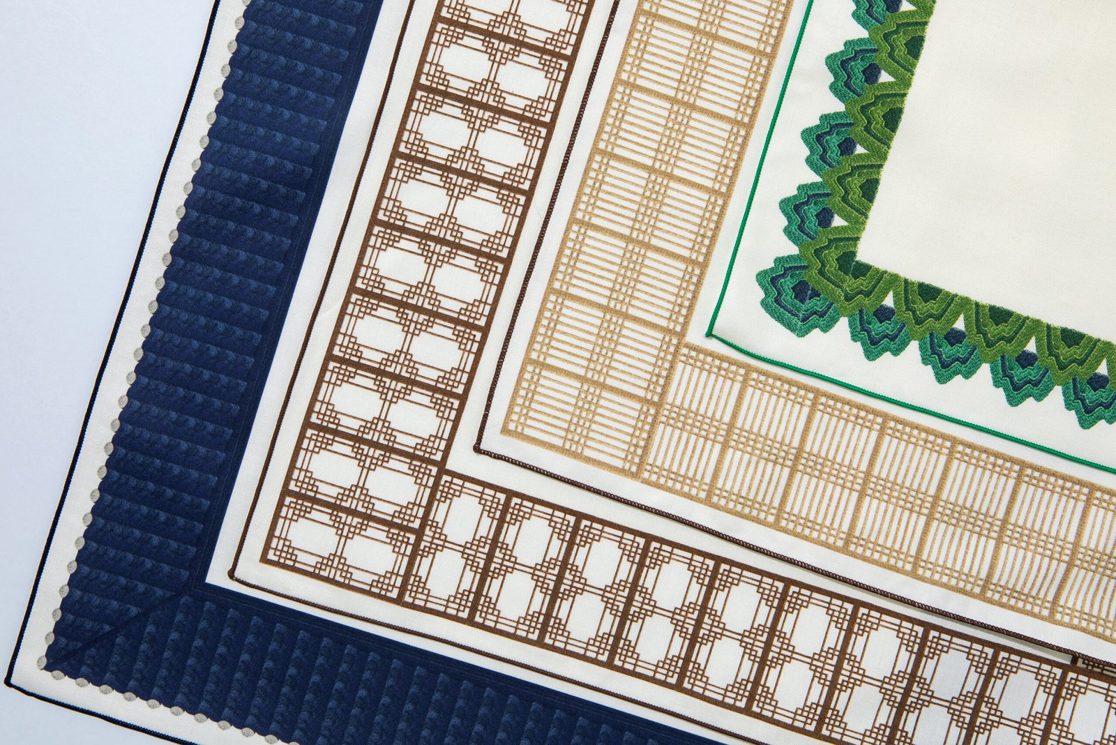 Hanok-bo showing traditional Korean lattice window patterns printed across four different fabric colors