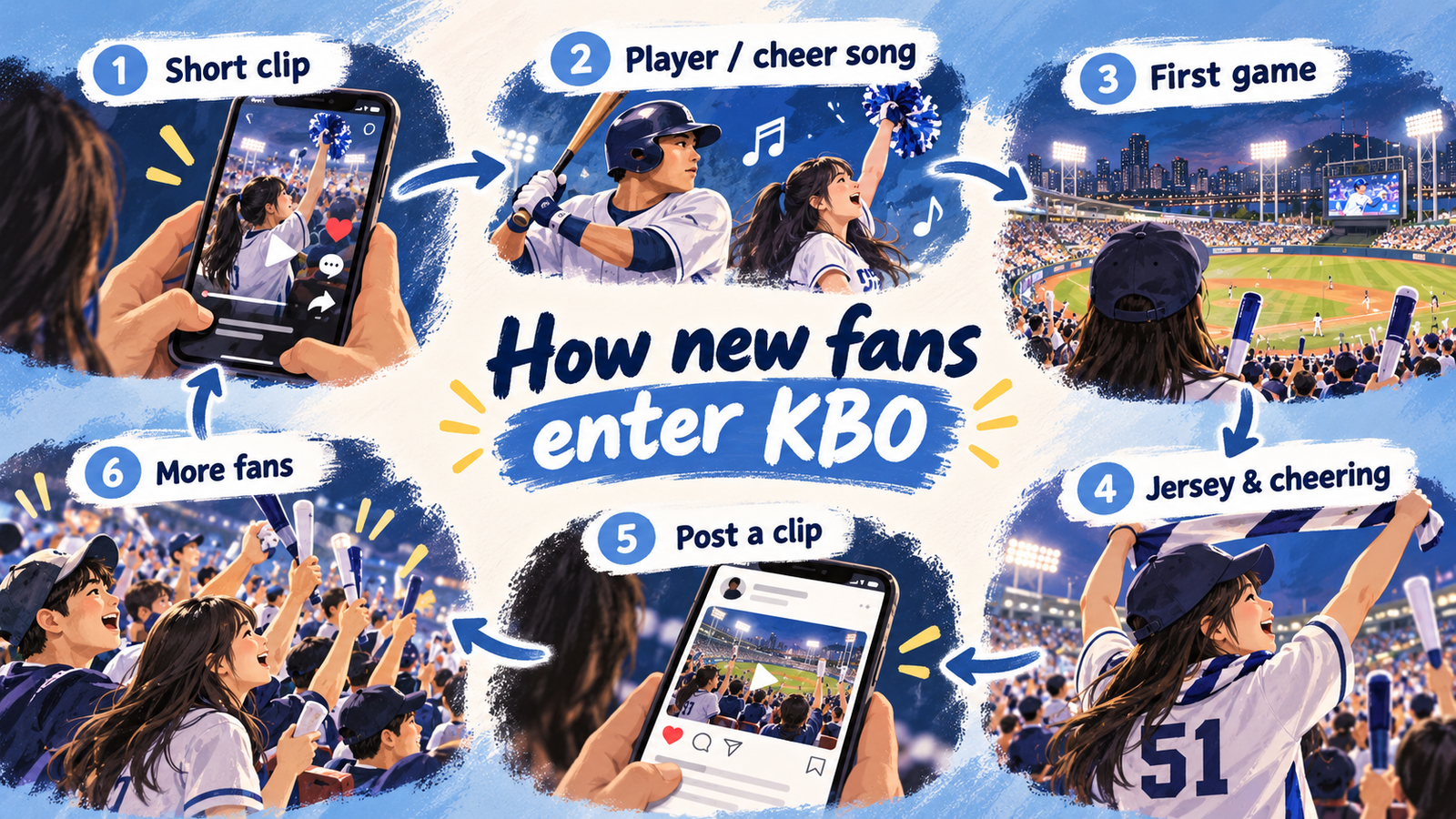 Infographic showing how new fans enter KBO through short clips, cheer songs, first visits, jerseys and social media sharing.