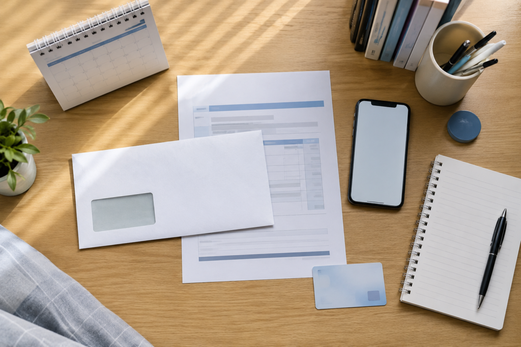 A Korean health insurance bill and calendar on an international student’s desk