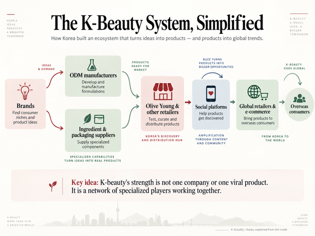 Diagram showing the Korean beauty ecosystem from brands and ODM manufacturers to retailers and overseas consumers