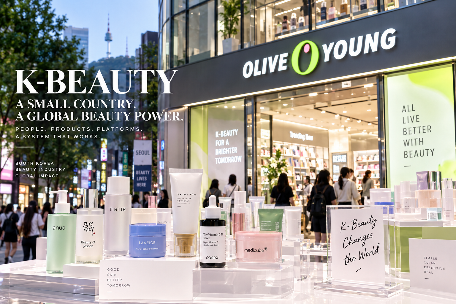 K-beauty products displayed outside a cosmetics store in Seoul