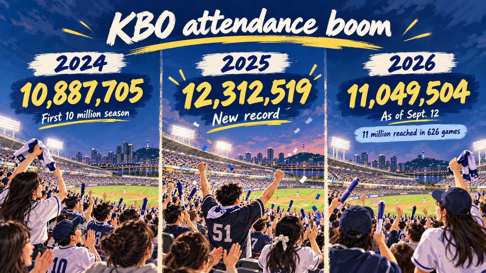 Infographic showing KBO attendance growth from 2024 to 2026, including 2024, 2025 and 2026 figures.