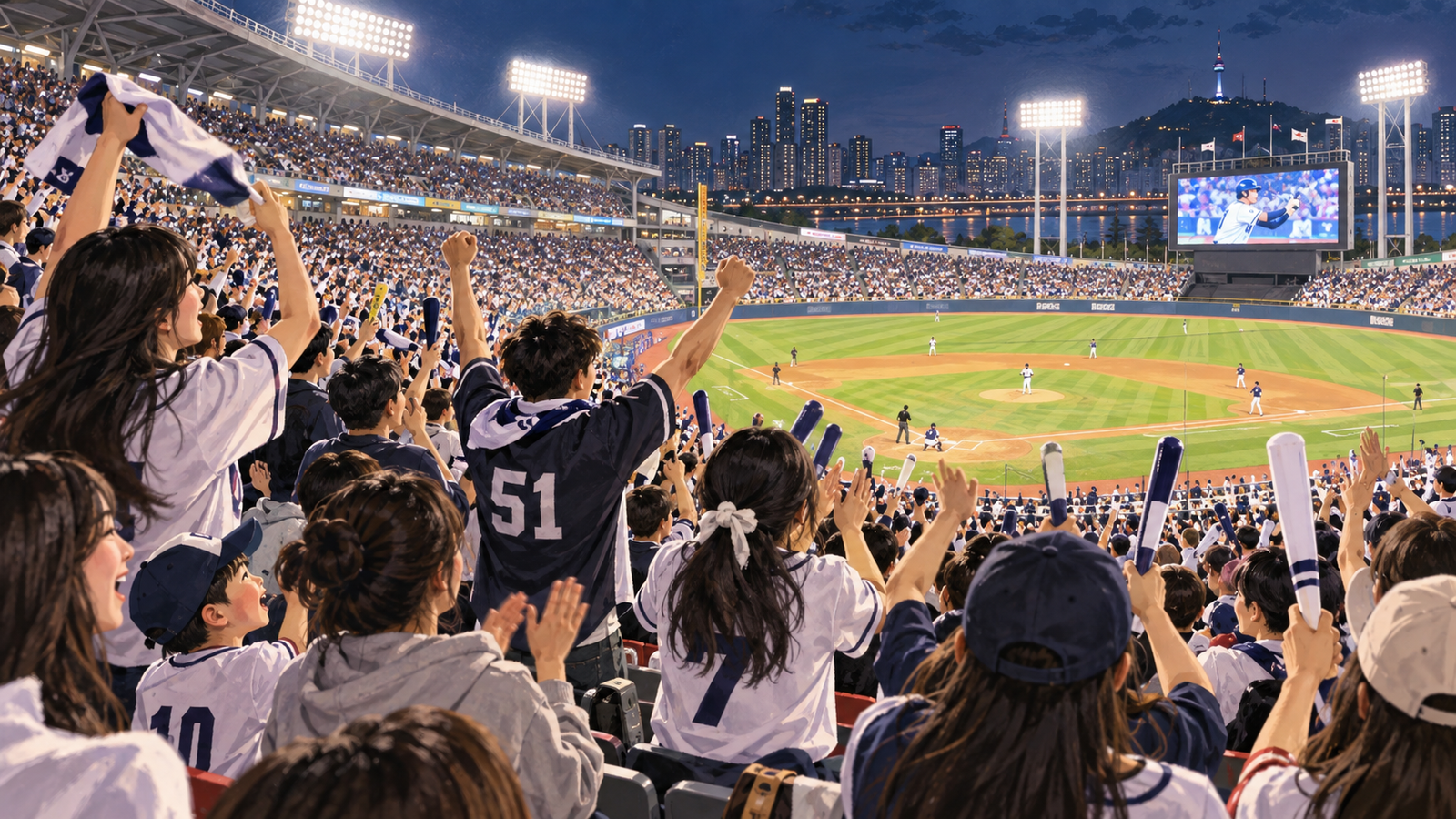 A packed Korean baseball stadium at night, with fans cheering from the stands during a KBO game.