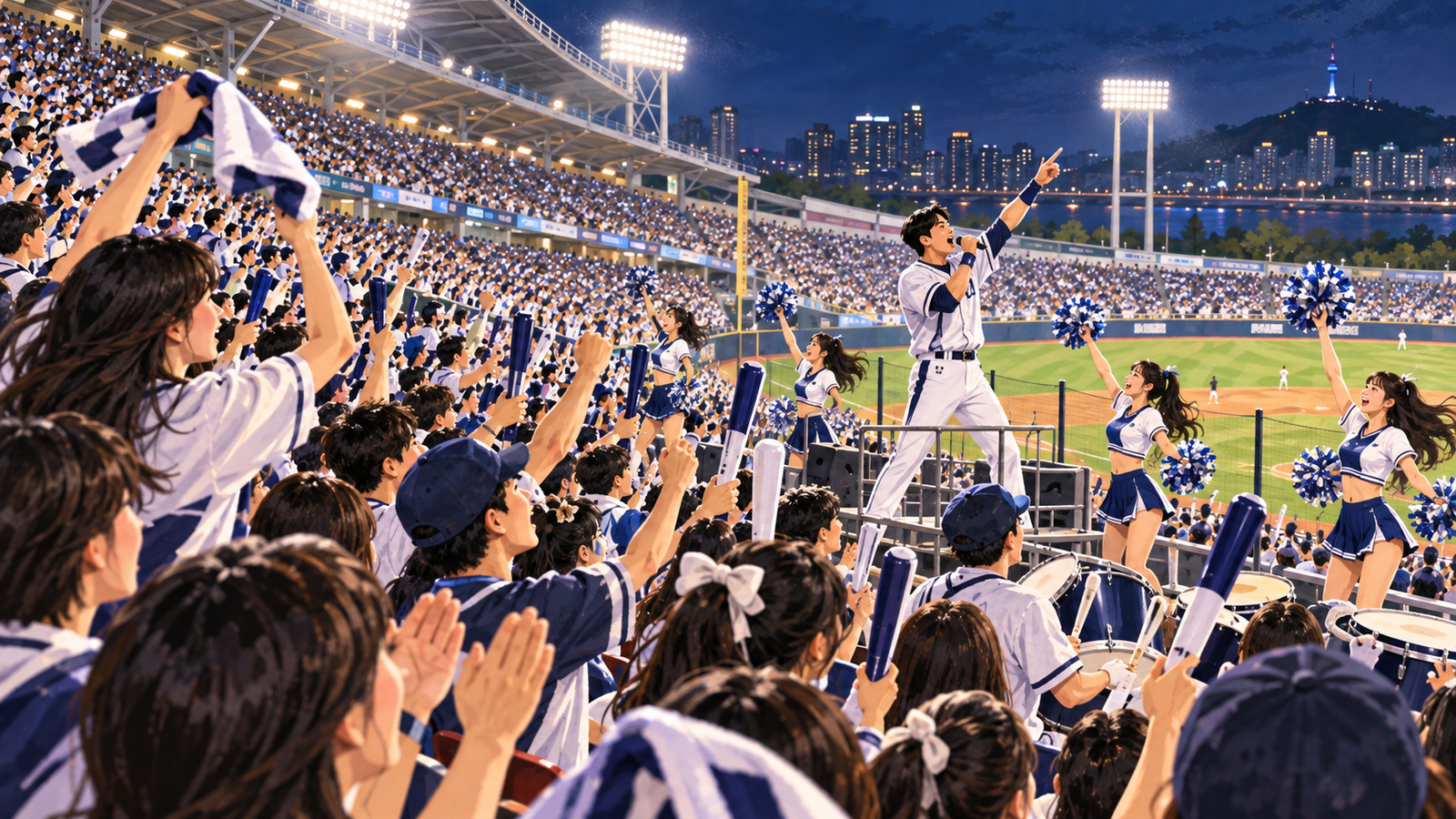 Fans, cheerleaders and a cheer captain leading coordinated chants during a Korean baseball game.