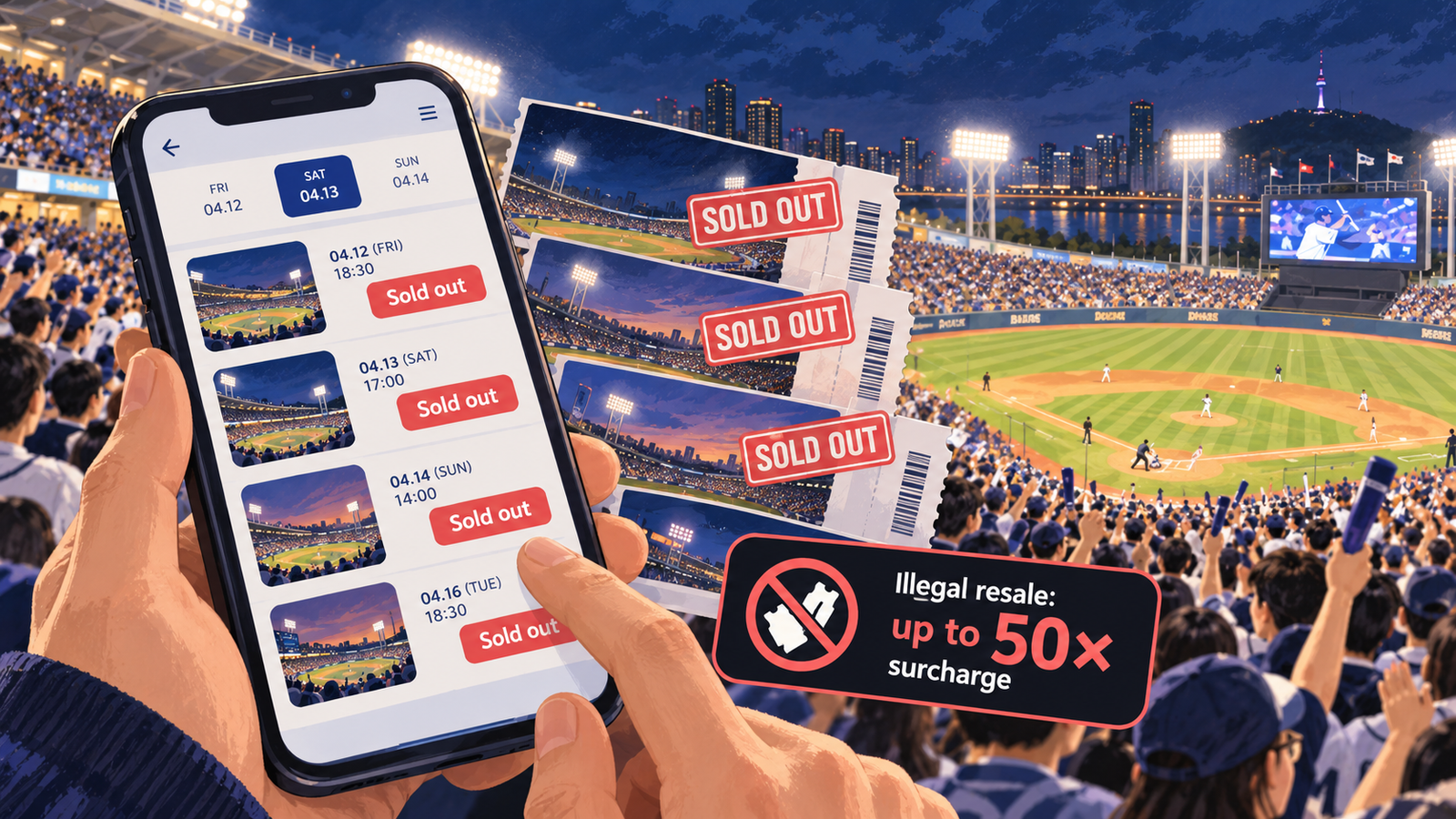 A smartphone ticketing screen showing sold-out KBO games alongside sold-out tickets and an anti-scalping notice.