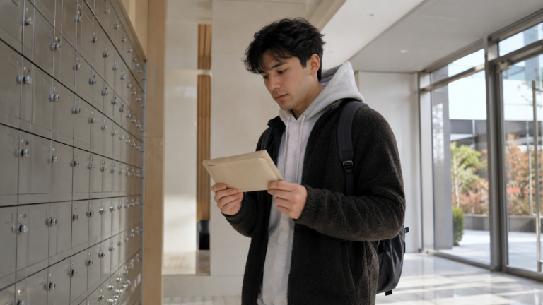 An international student checking a health insurance bill at a dormitory in Korea