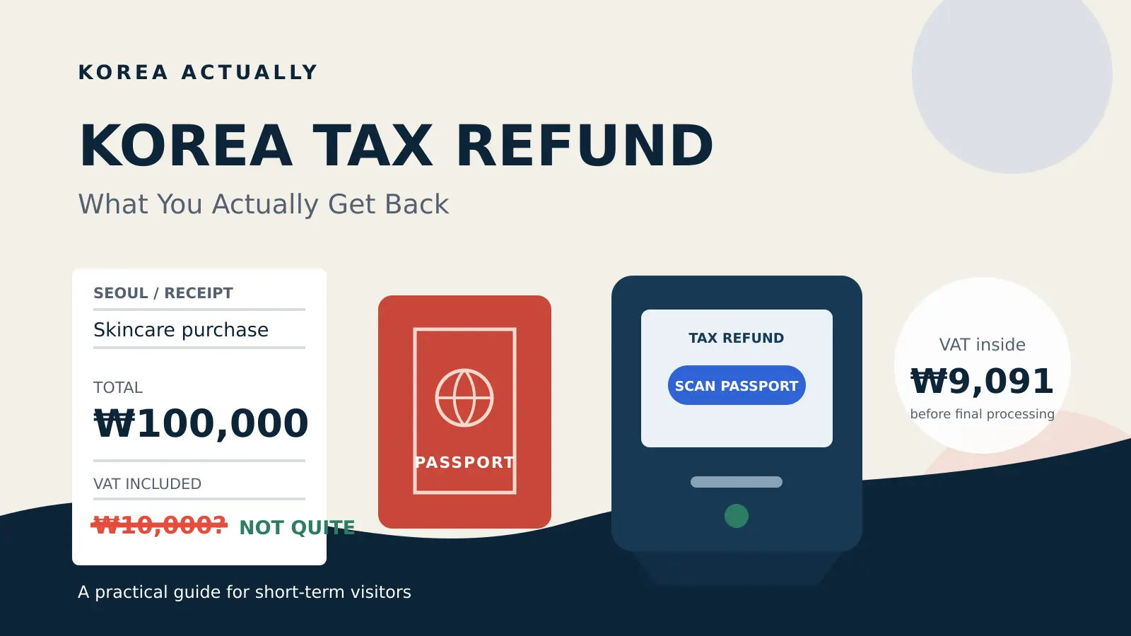 Korea tax refund guide with a ₩100,000 receipt, passport, refund kiosk, and VAT amount
